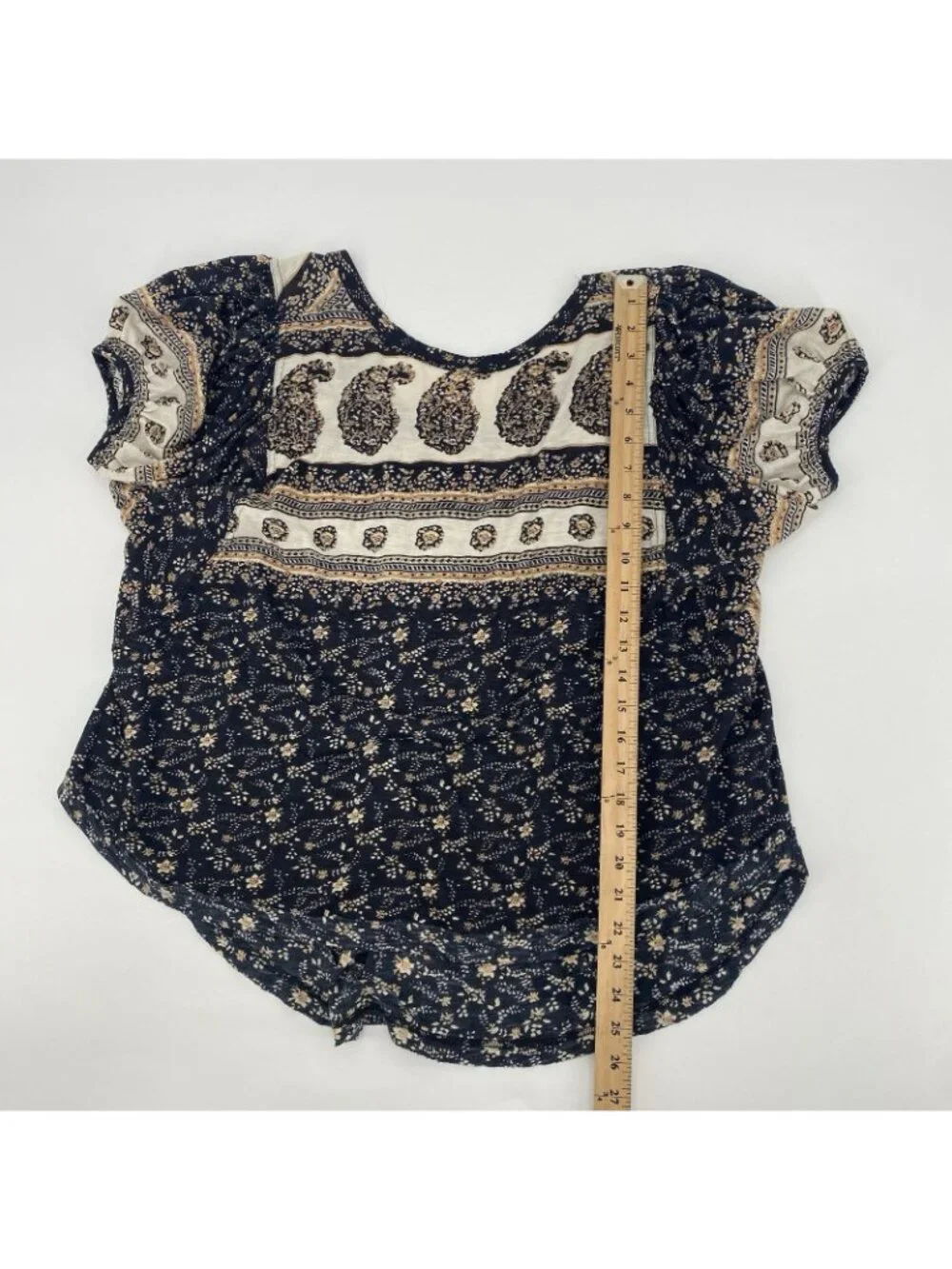 Free People Size M Paisley Puff Sleeve High Neck Black Low Scoop Back Shirt Top